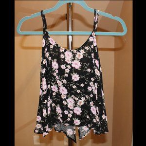 American Eagle Outfitters Black Cropped Top with Pink Flowers and Open Back